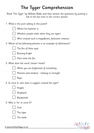 The Tyger Comprehension Questions - Multiple Choice