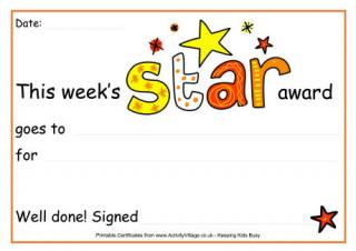 This Weeks Star Award Certificate