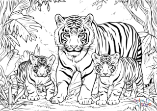 Tiger and Cubs Colouring Page