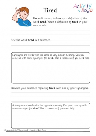 Tired Vocabulary Worksheet