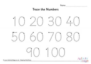 Trace the Numbers 10 to 100 Dotted