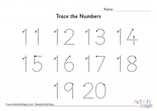 Trace the Numbers 11 to 20 Dotted