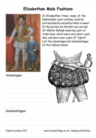 Tudor Fashions Worksheet - Elizabethan Male Fashions
