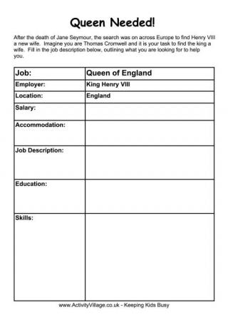 Tudor Queen Job Application Worksheet
