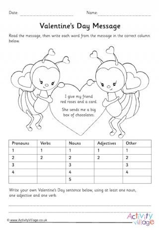 Valentine's Day Parts of Speech Worksheet