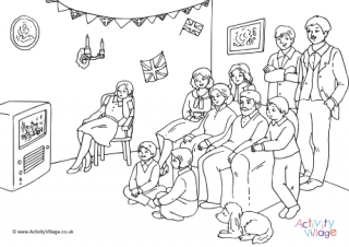 Watching the Queen's coronation colouring page