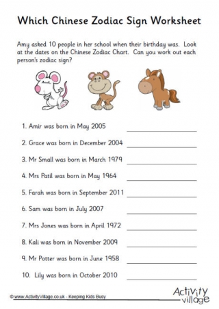 Which Chinese Zodiac Sign Worksheet 1