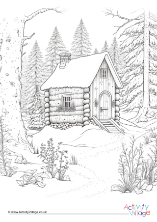 Winter Cabin Colouring Page