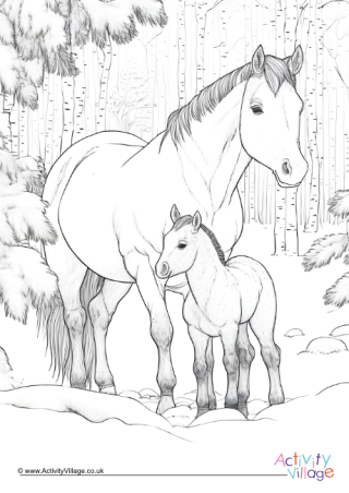 Winter Horses Colouring Page