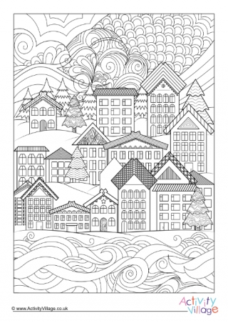 Winter Village Doodle Colouring Page 1