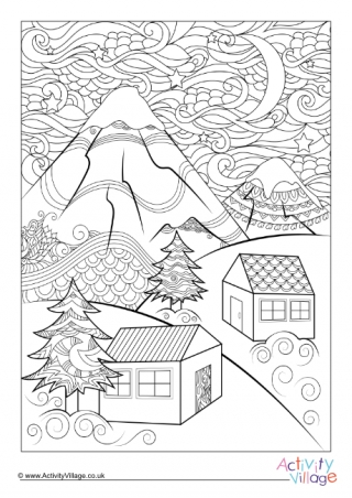 Winter Village Doodle Colouring Page 2