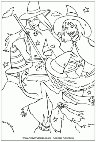 Witches around the cauldron colouring page