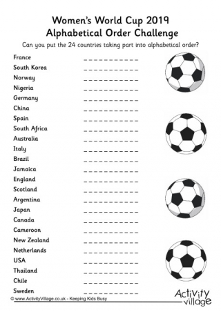 Womens World Cup 2019 Alphabetical Order Challenge