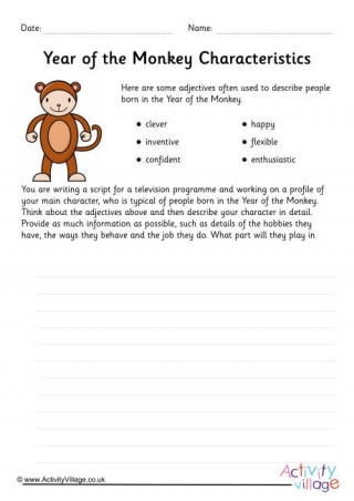 Year of the Monkey Character Study Worksheet
