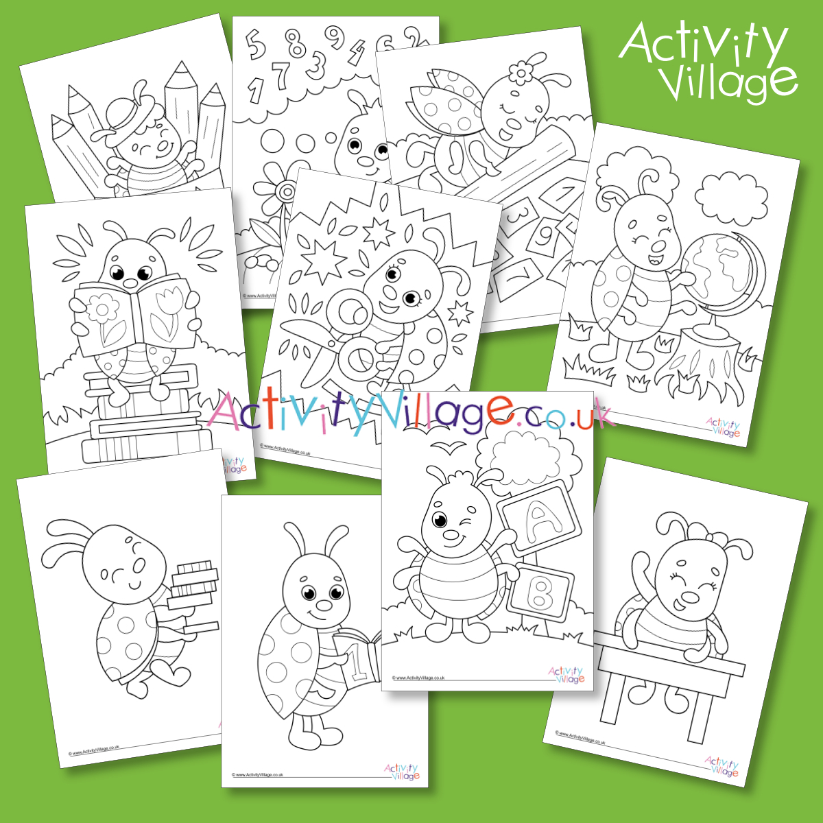 10 ladybirds go to school colouring pages