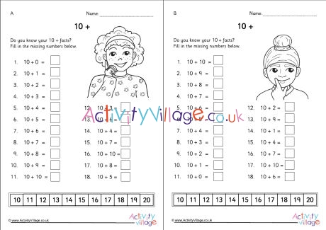 10 plus facts worksheets