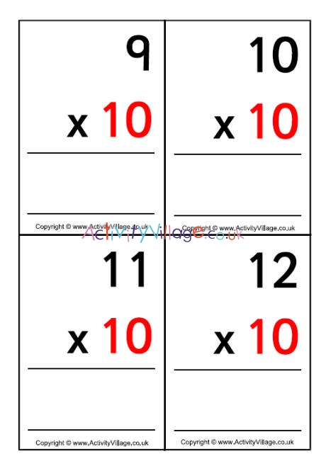10 times table - large flash cards