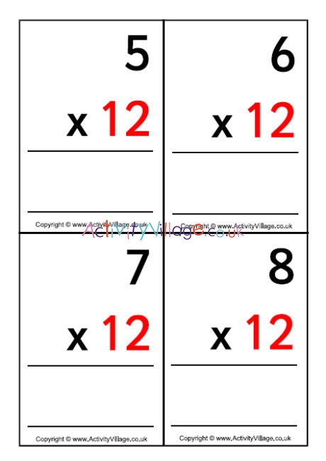 12 times table - large flash cards