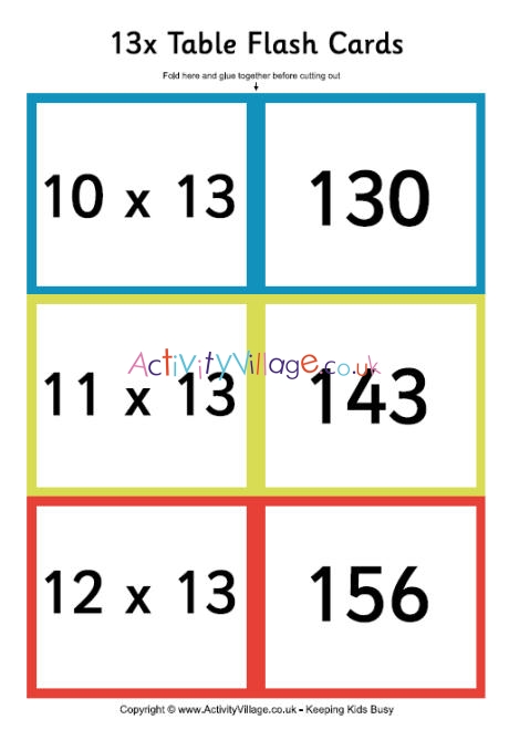 13 times table - folding flash cards