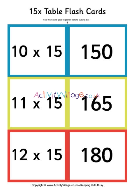 15 times table - folding flash cards