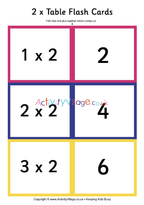 2 times table - folding flash cards