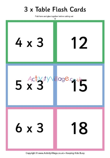 3 times table - folding flash cards