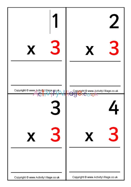 3 times table - large flash cards 