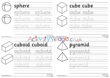 3D shape handwriting worksheets - first 4 shapes