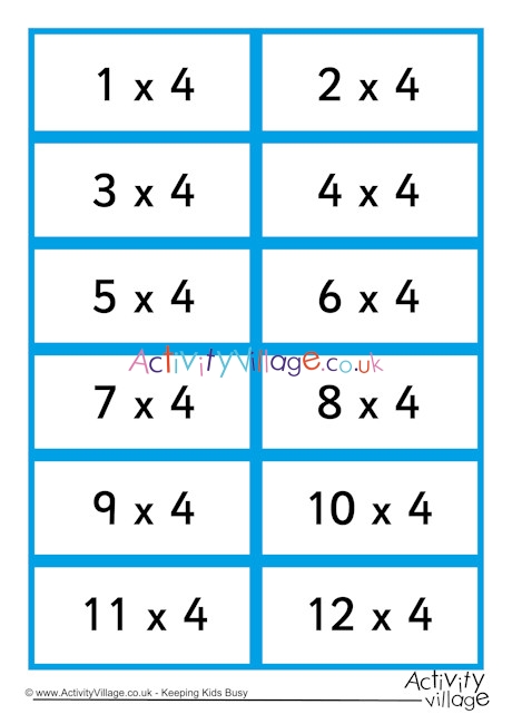 4 times table flash cards