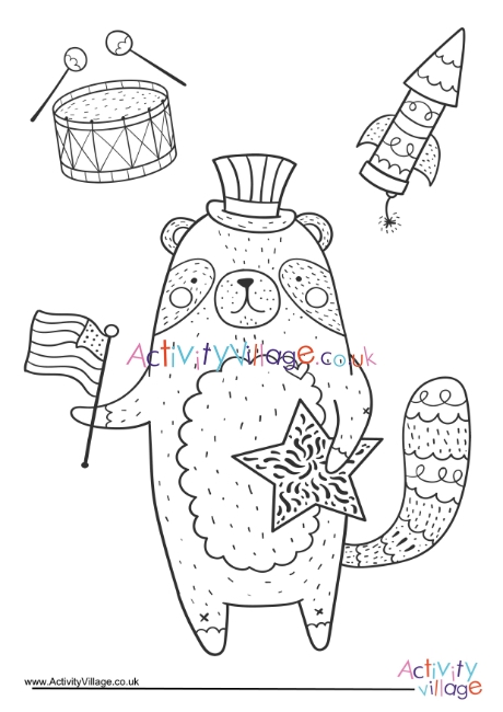 4th July racoon colouring page