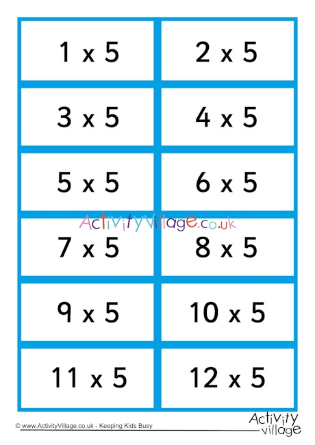 5 times table flash cards
