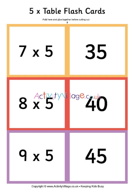 5 times table - folding flash cards