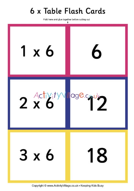 6 times table - folding flash cards