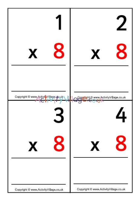 8 times table - large flash cards