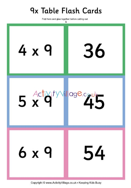 9 times table - folding flash cards
