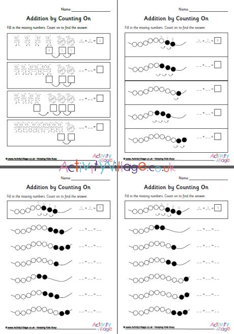 Addition by counting on worksheets set 1