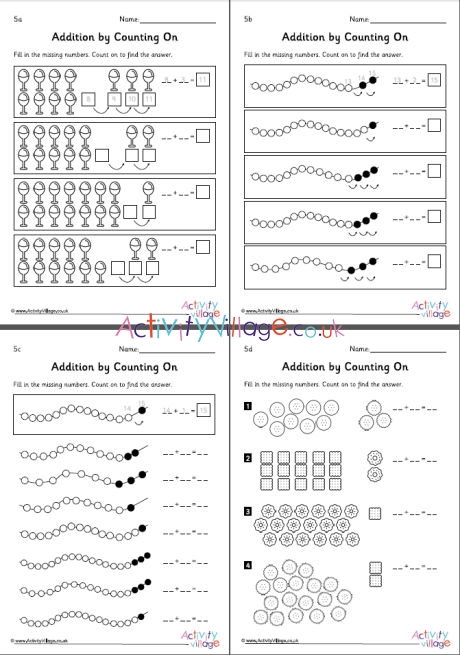 Addition by counting on worksheets set 5