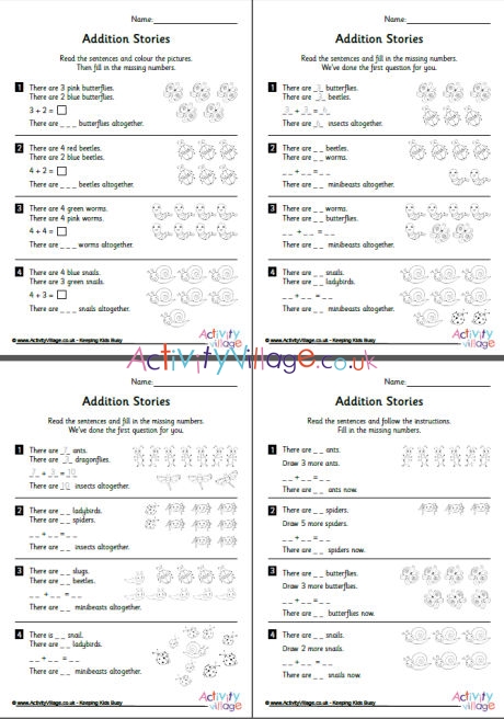 Addition stories worksheets