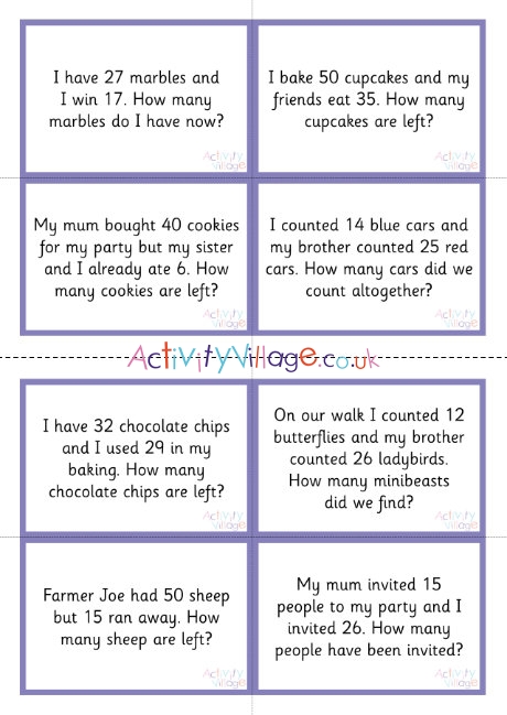 Addition and subtraction story sums within 50
