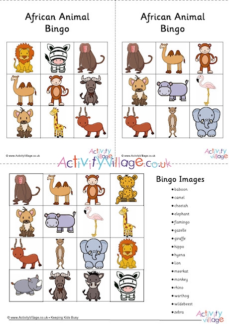 African Animal Bingo Cards