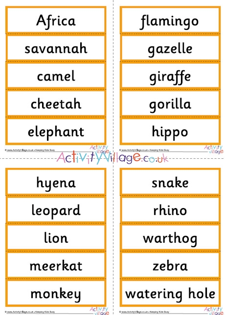 African Animal Word Cards