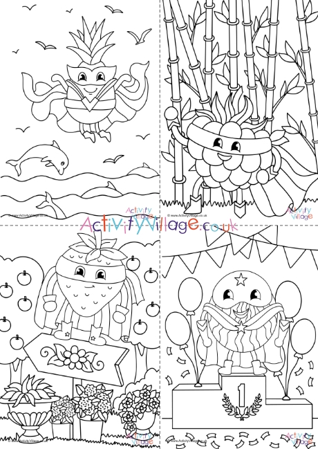 All fruit superhero colouring pages - complex