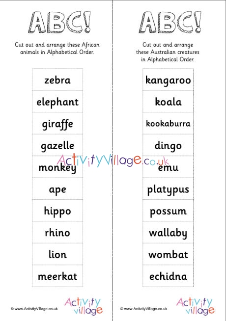 Alphabetical Order -10 Animal Words 1