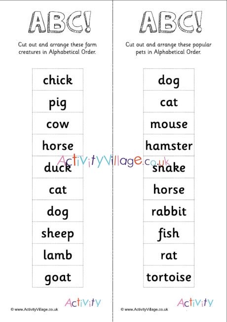 Alphabetical Order -10 Animal Words 2