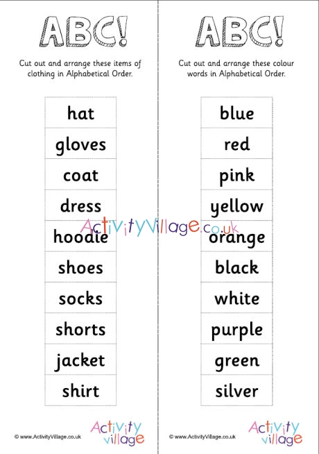 Alphabetical Order -10 Clothing Words