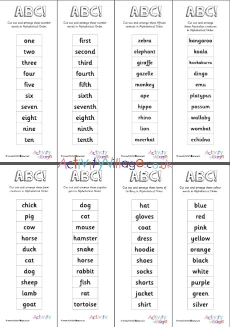 Alphabetical Order -10 Word Cards - Set 1