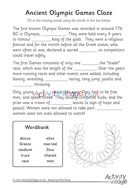 Ancient Olympics Cloze Worksheet