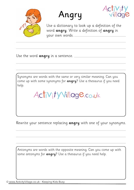 Angry Vocabulary Worksheet