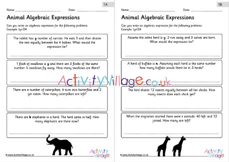Animal algebraic expressions worksheets 1