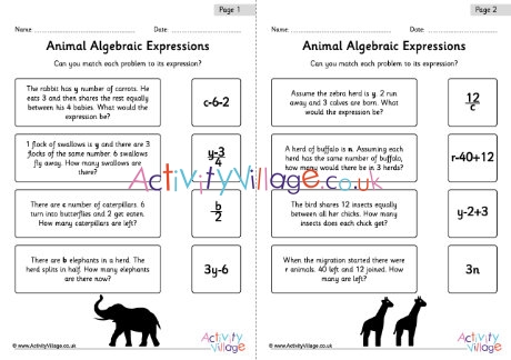 Animal algebraic expressions worksheets 1 - guided